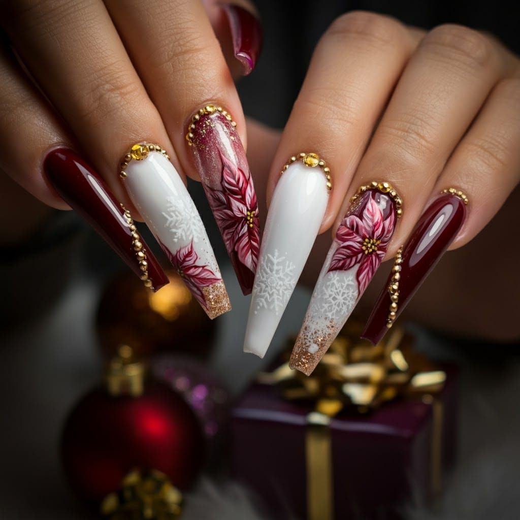Luxurious Burgundy and Gold Christmas Nail Art