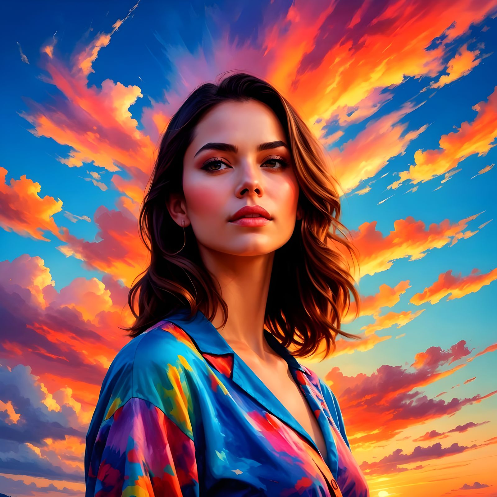 Hyperrealistic Woman with Colorful Sky Background