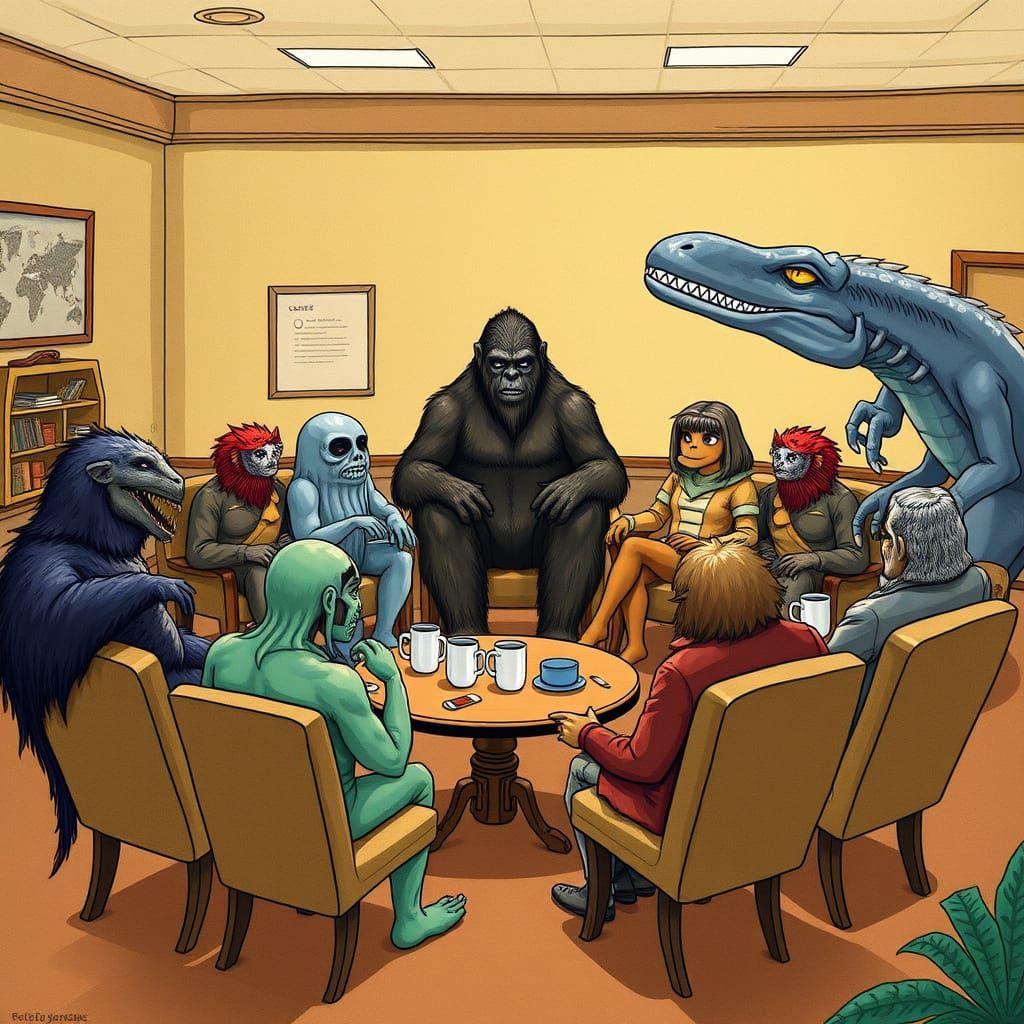 Cryptid Support Group in Stylized Illustration