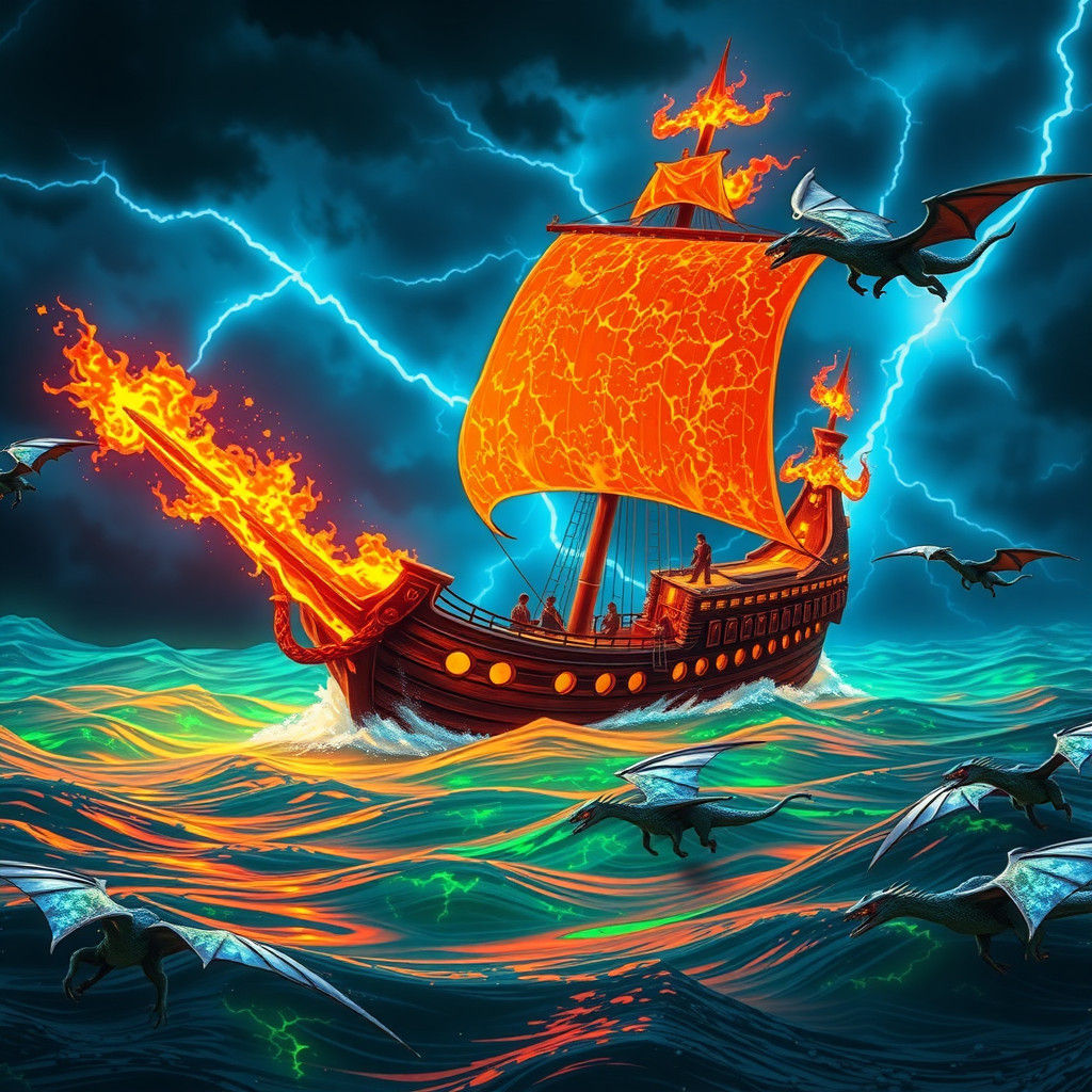 Fiery Ship Sails Bioluminescent Sea in Anime Style