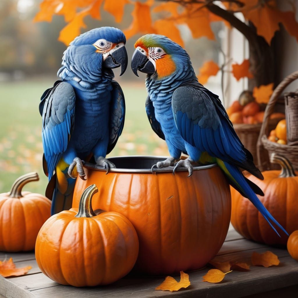 Whimsical Autumn Parrot Savoring Halloween Treats