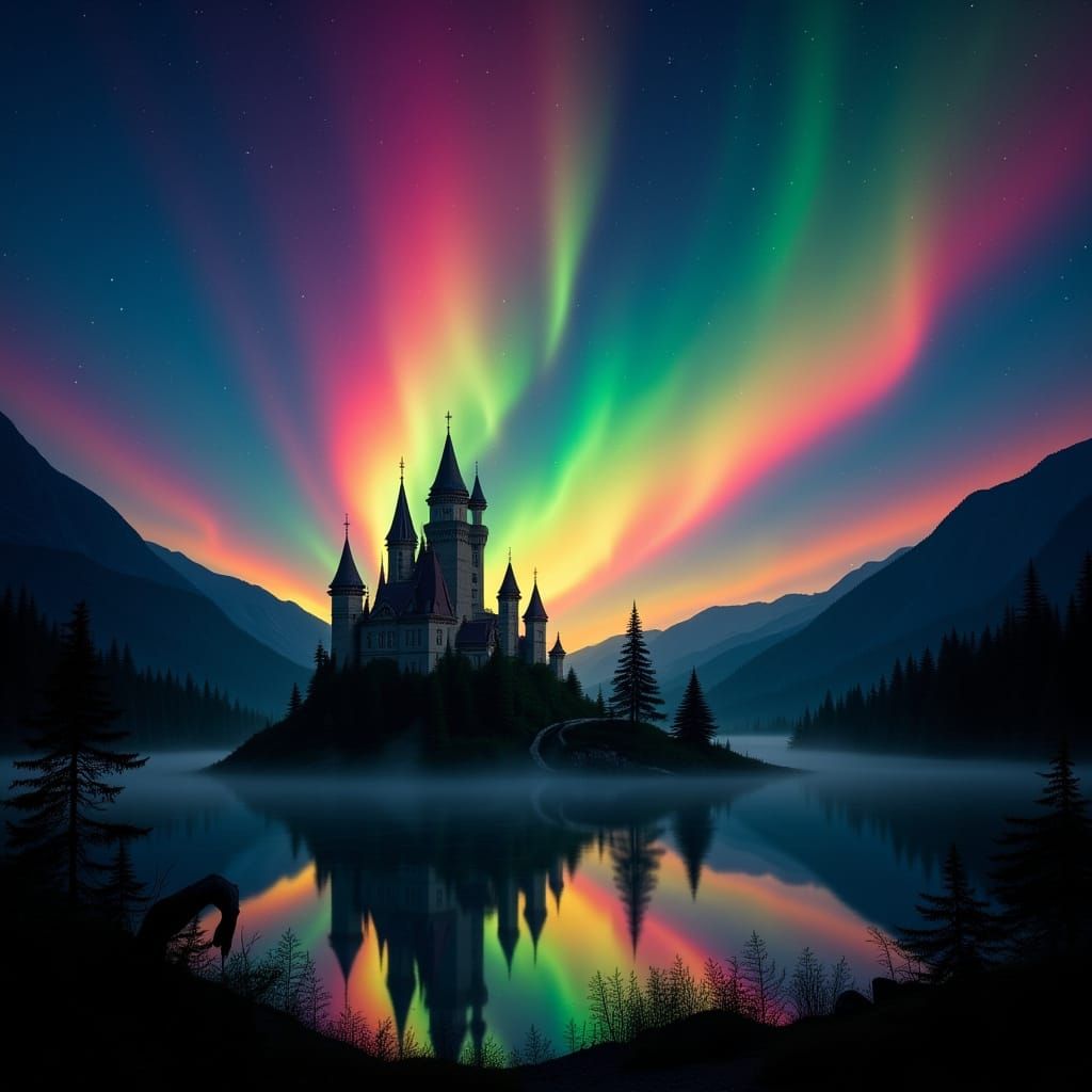 Mystical Castle Under Aurora Borealis