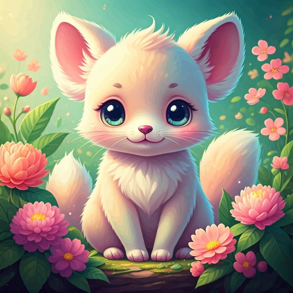 Kawaii Animals in a Colorful Floral Landscape