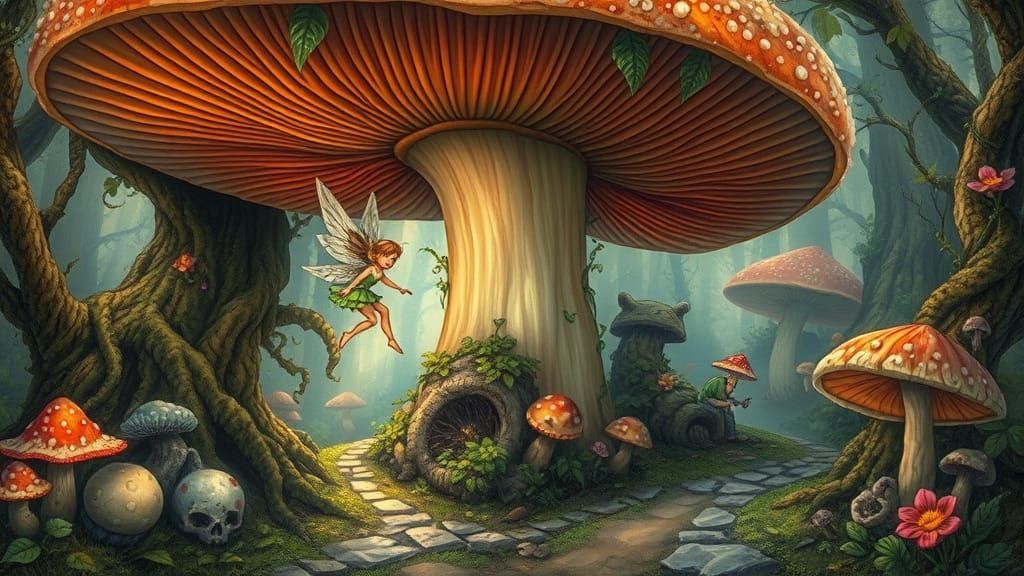 Whimsical Fungal Realm in Fantastical Realism Style