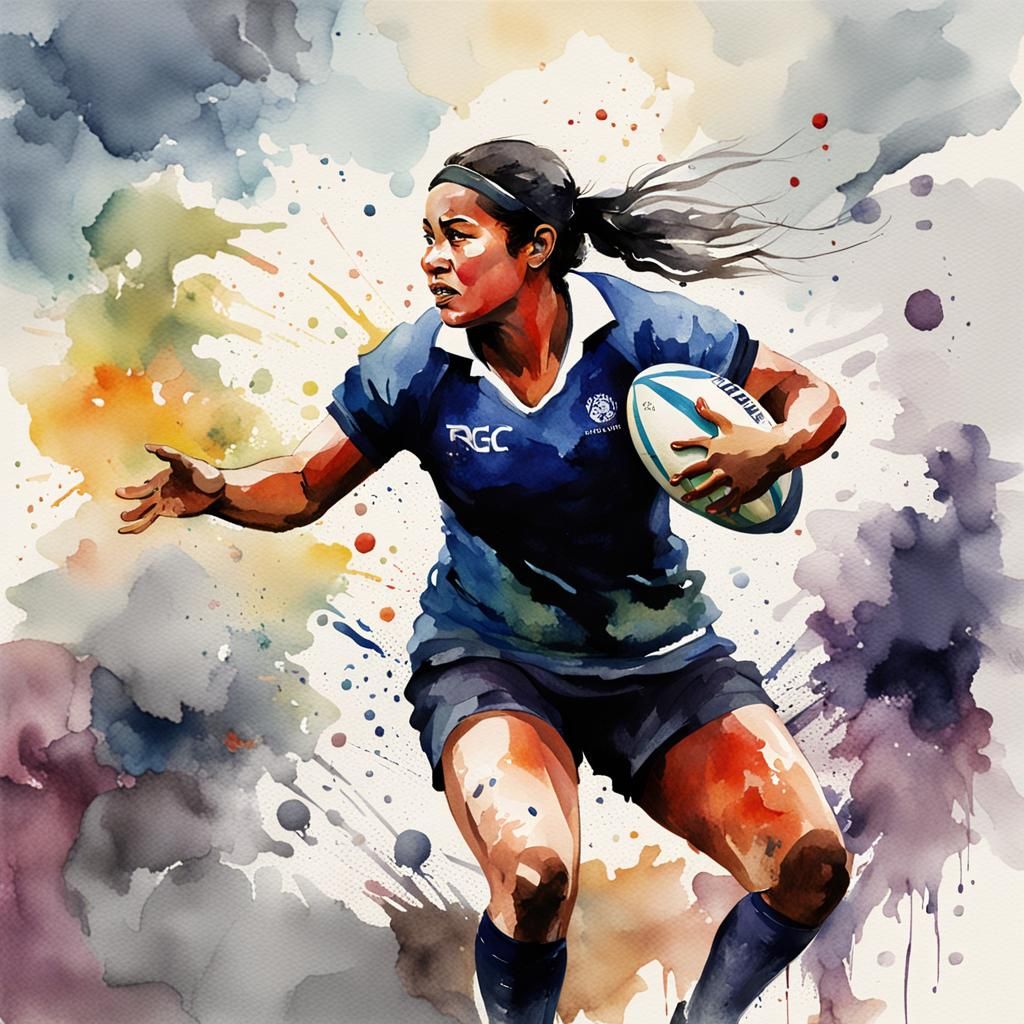 Dynamic Watercolour Painting of Woman Playing Rugby