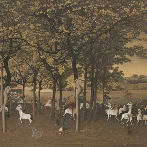 Surreal Cherry Orchard with Giraffes and Ostriches
