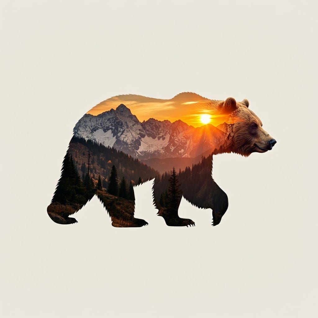 Bear Silhouette with Mountain Sunset in Watercolor Style