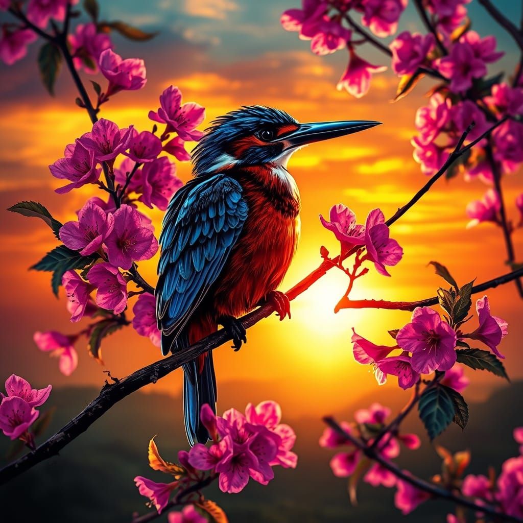 Majestic Kingfisher at Sunset with Pink Blossoms, Realistic ...