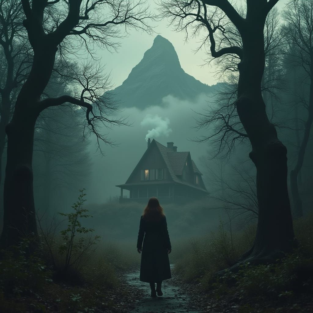 Mysterious Woman in Murky Forest, Atmospheric Digital Art