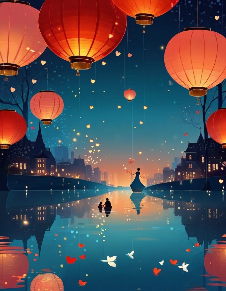 Romantic Scene with Lanterns and Cherry Blossoms