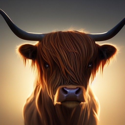 Highland Cow Portrait in Hyperdetailed Style