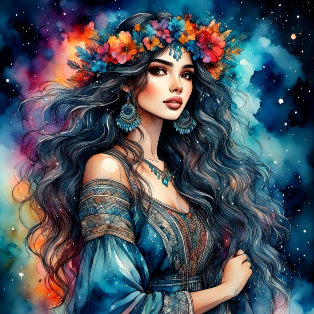 Cosmic Anime Gypsy Girl Portrait in Watercolor Style