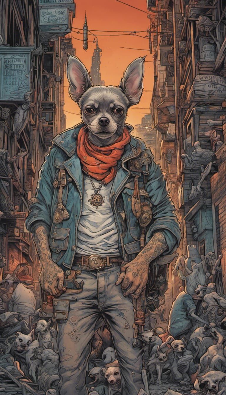 Tattooed Chihuahua Gang Leader in Inkpunk Style