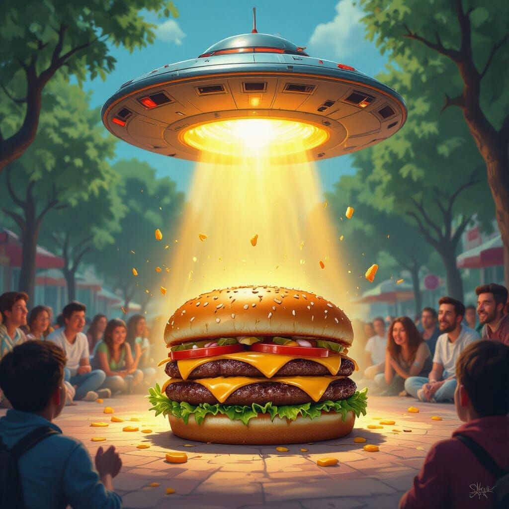 Burger UFO Lands in Park as Fantasy Concept Art