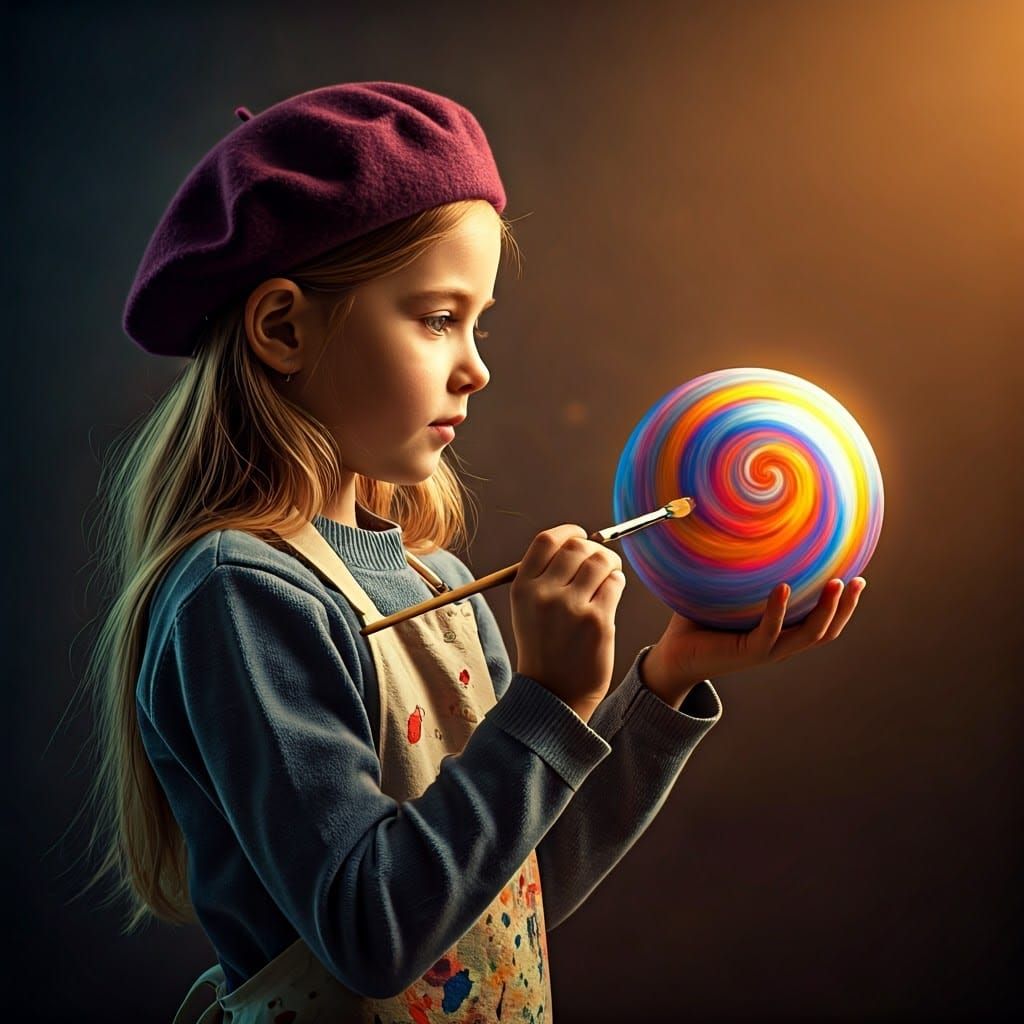 Girl Paints Iridescent Planet with Artistic Flourish