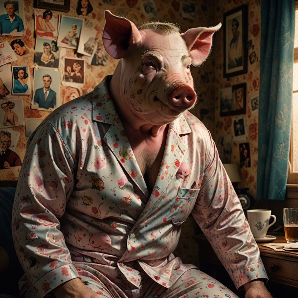 Pig Man Contemplates Pin-Ups in Digital Art