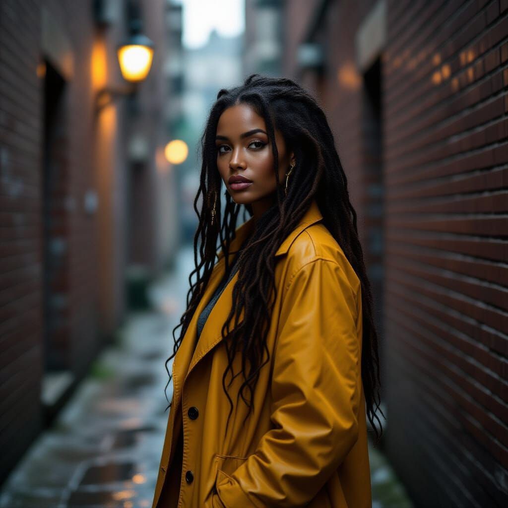 Rainy Alley Portrait of Woman in Hyperrealistic Style
