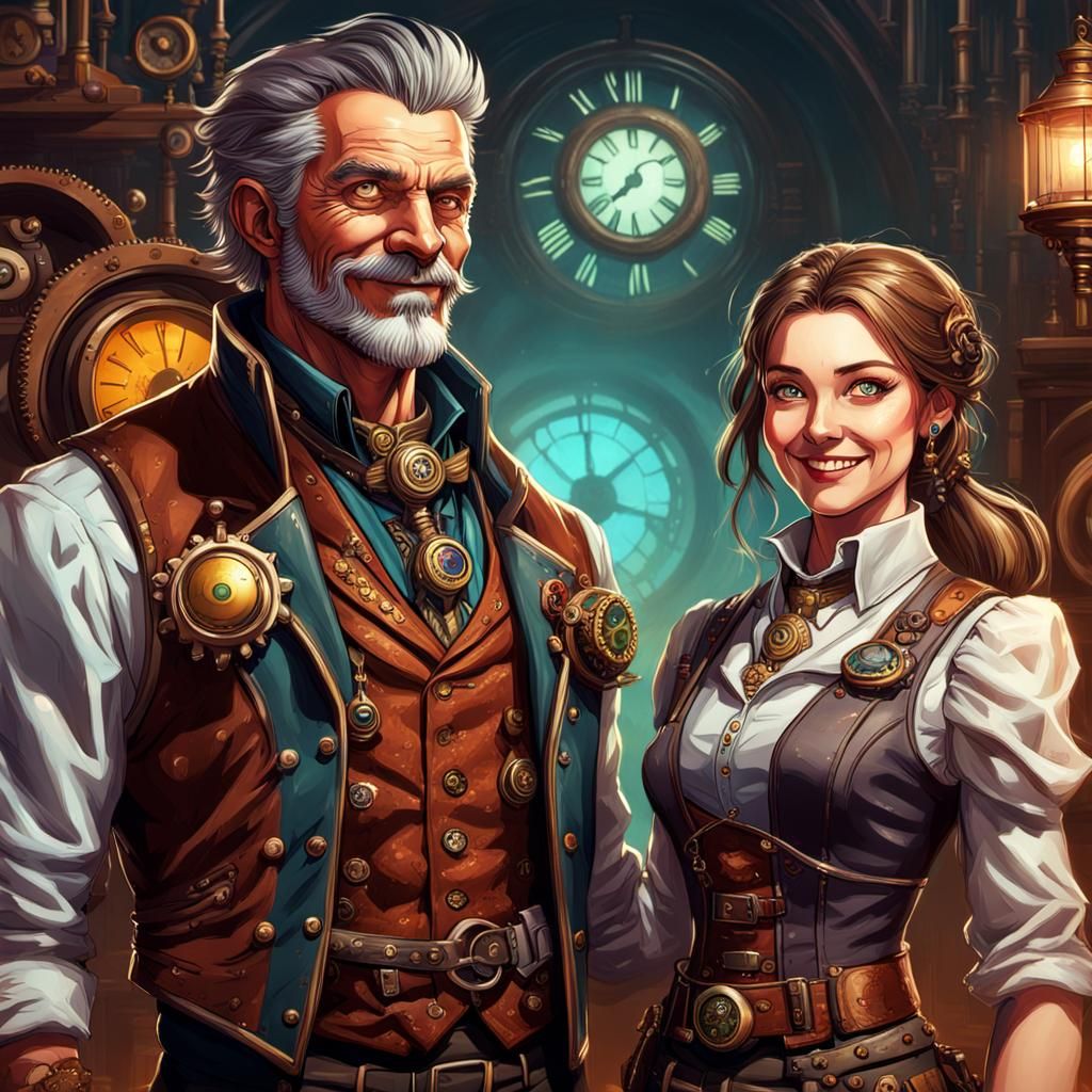 Steampunk Werewolf Inventor with his Wife