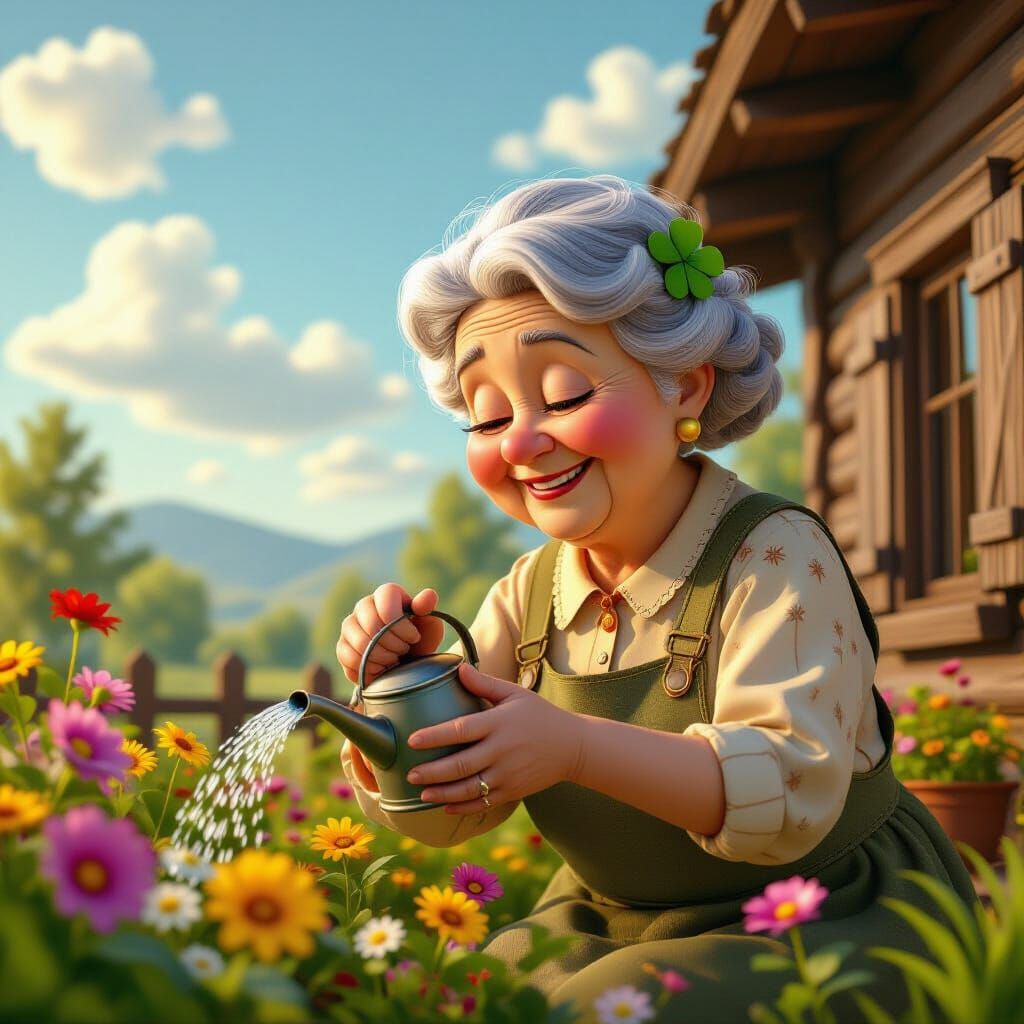 Grandmother Waters Flowers: Pixar-Style 3D Rendering