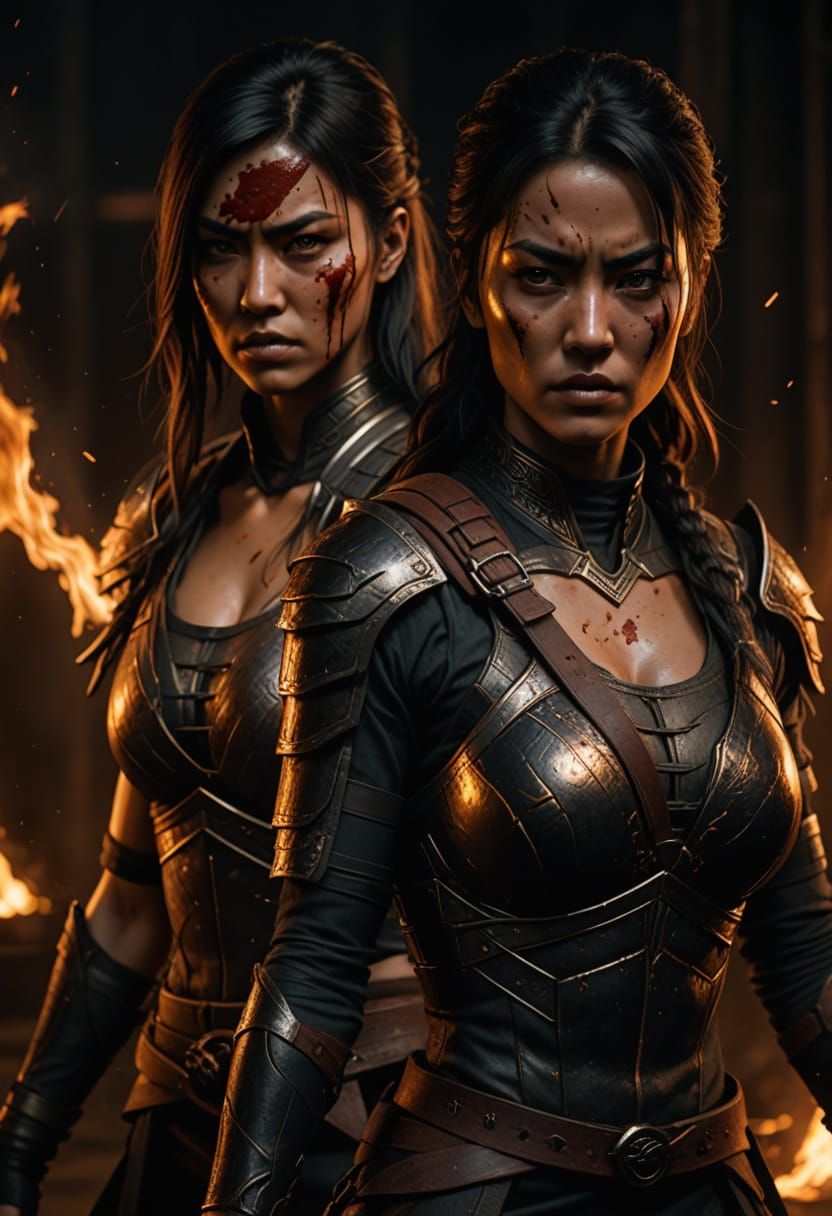 Tense Standoff Between Female Ninjas in Dark Arena