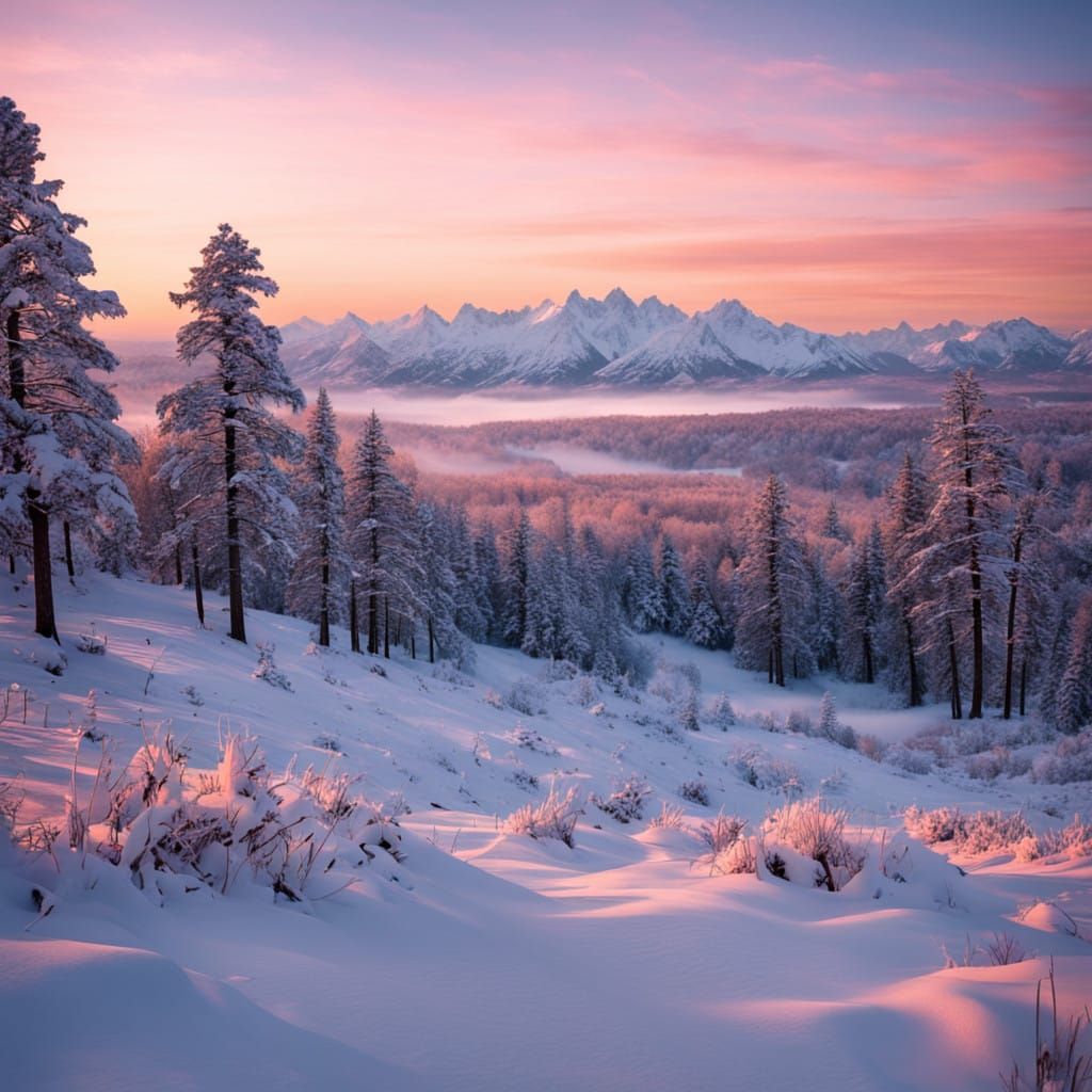 Vibrant Sunset Skyline Over Snowy Landscape in Cinematic Sty...
