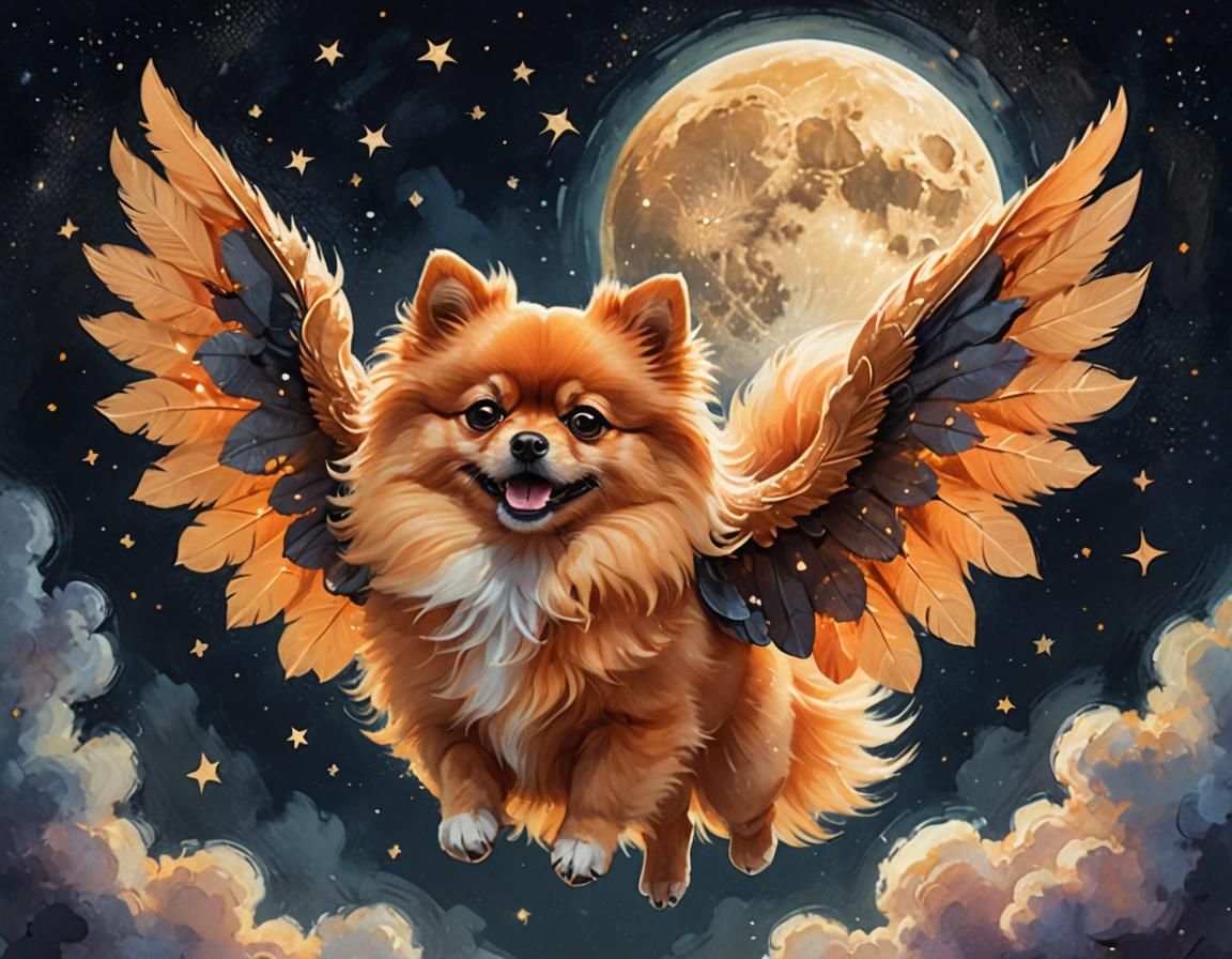 Pomeranian with Wings Soaring Over Moon
