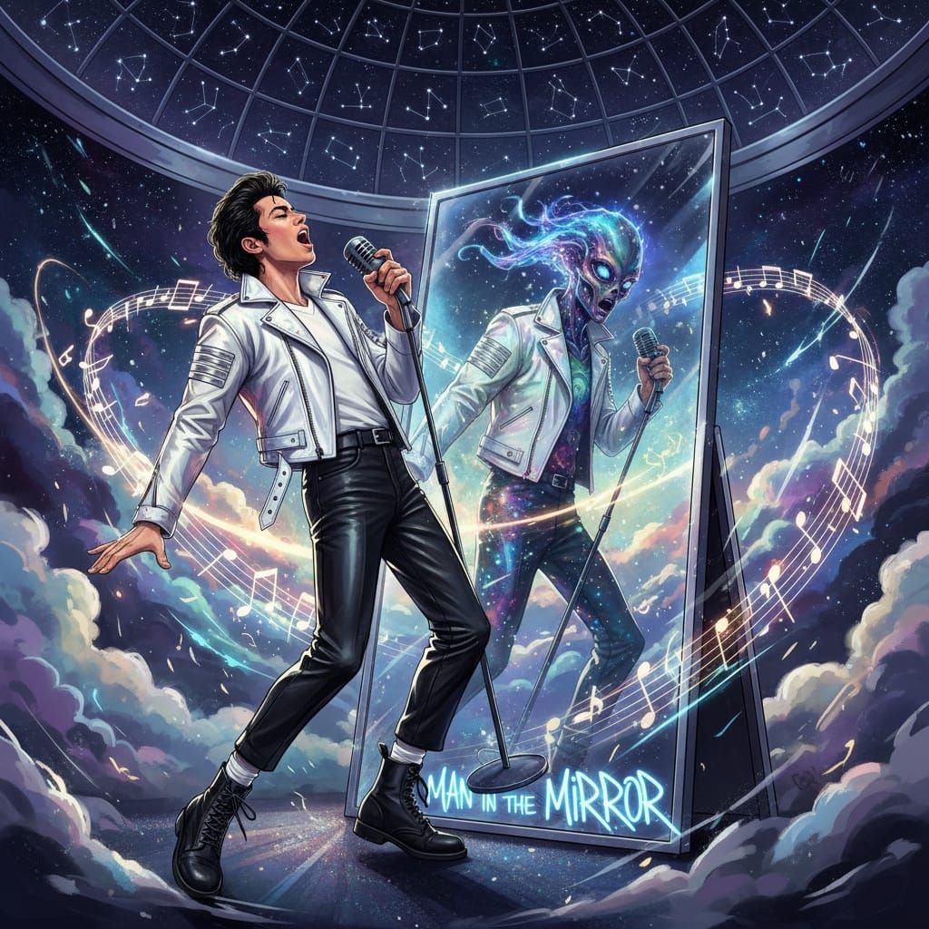 Man Singing to Alien Reflection in Cosmic Scene