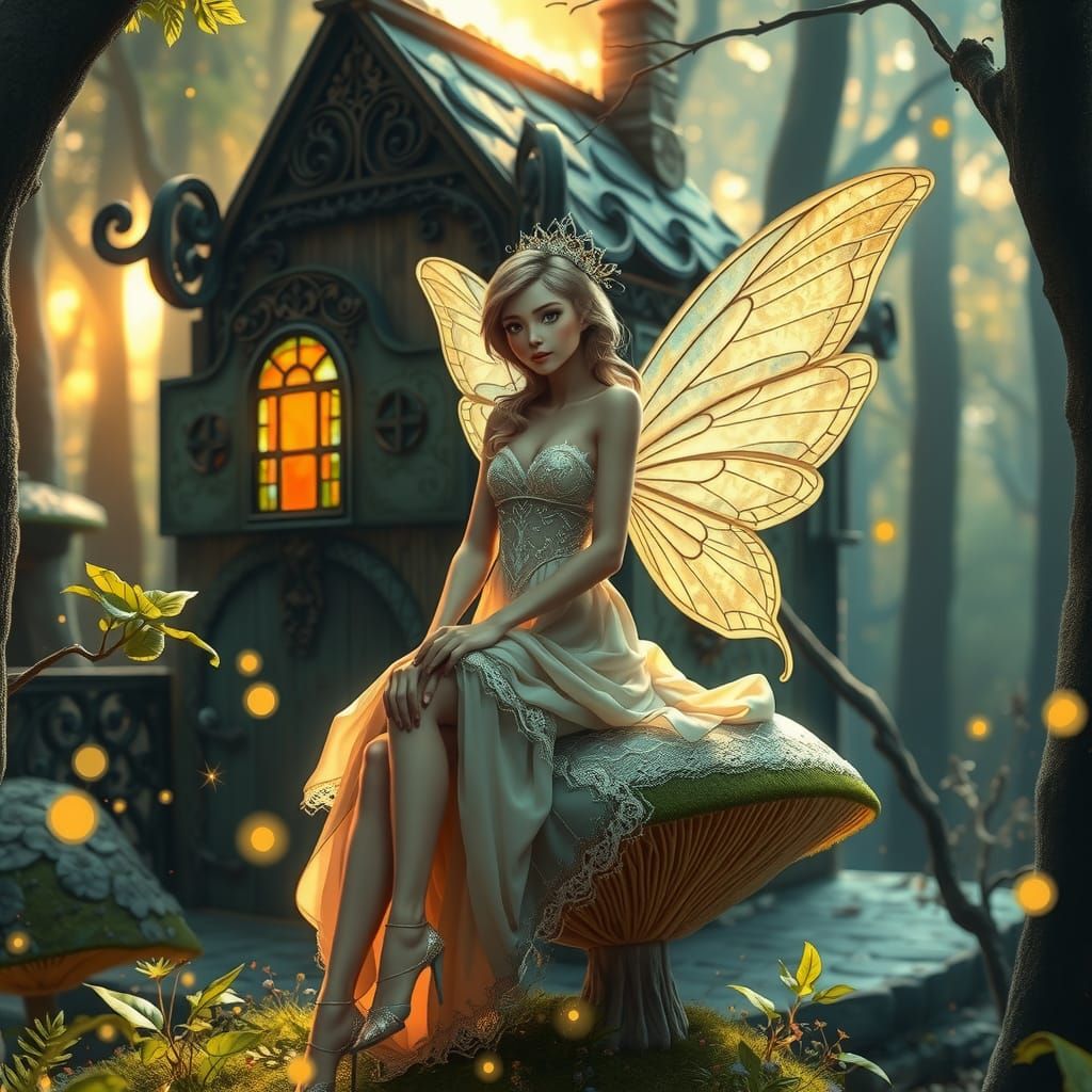 Fairy on Mushroom in Enchanted Forest, Art Nouveau