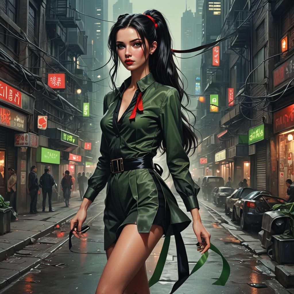 Elegant Brunette in Dystopian Cityscape: Film Noir Aesthetic