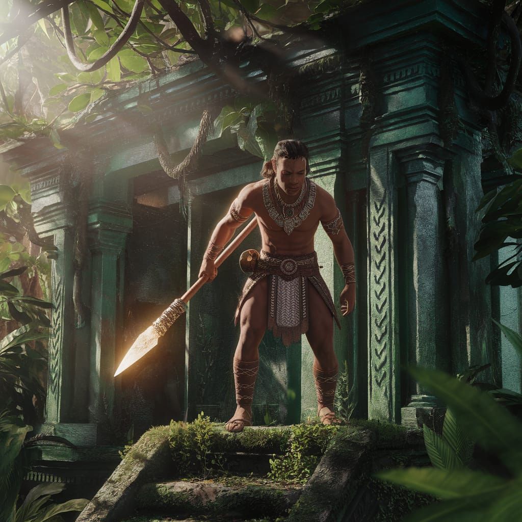 Amazonian Warrior with Glowing Spear in Ancient Jungle Templ...