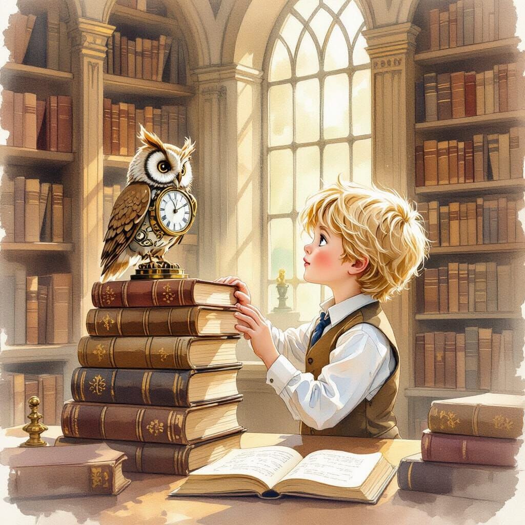 Boy and Clockwork Owl in Dreamy Watercolor Library