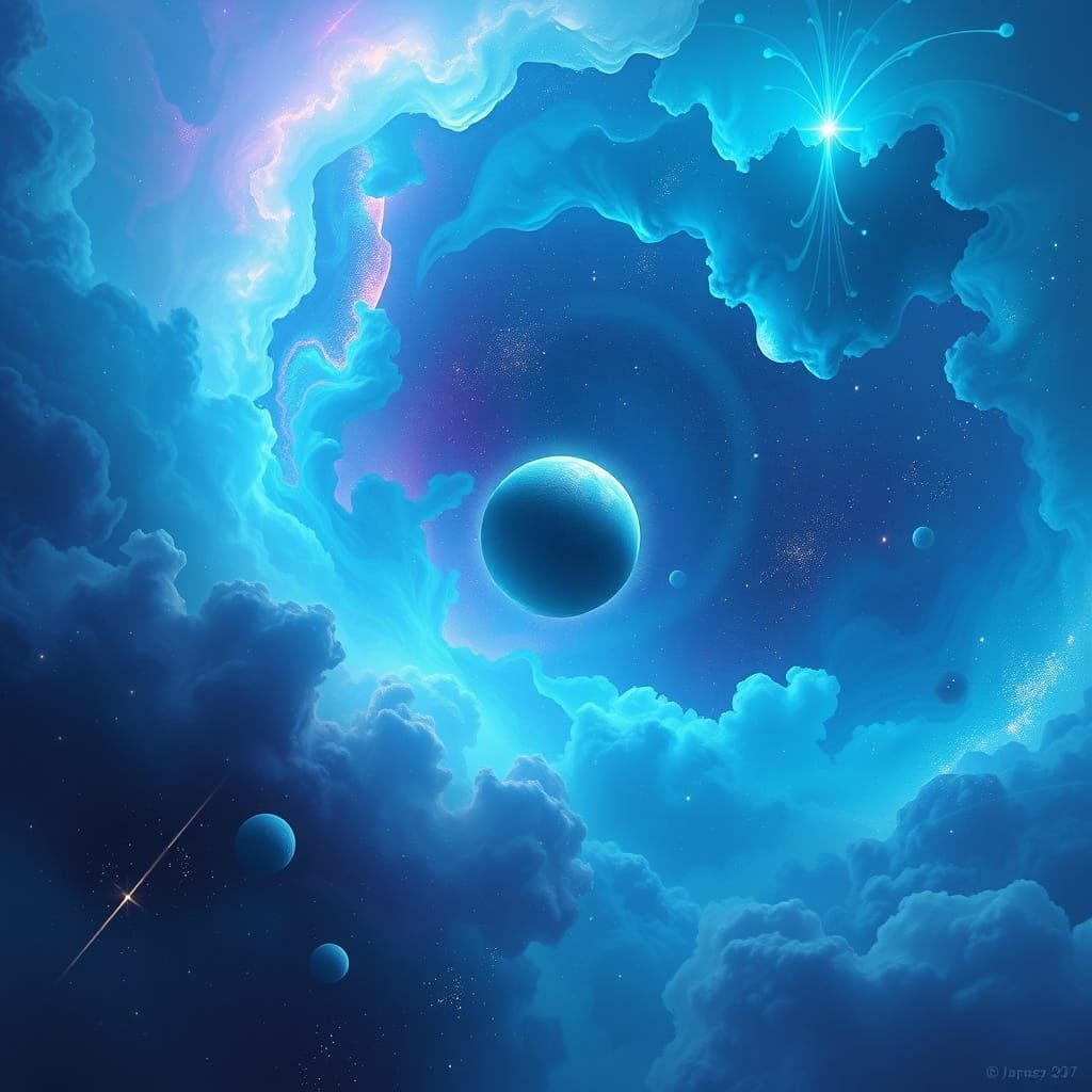 Turquoise Cosmic Expanse with Luminous Planet