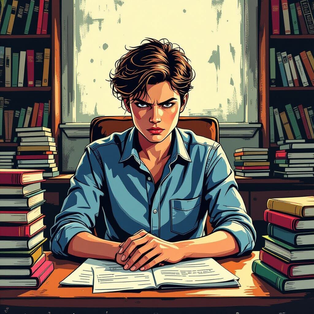 Student Studying Hard in Noir Illustration Style
