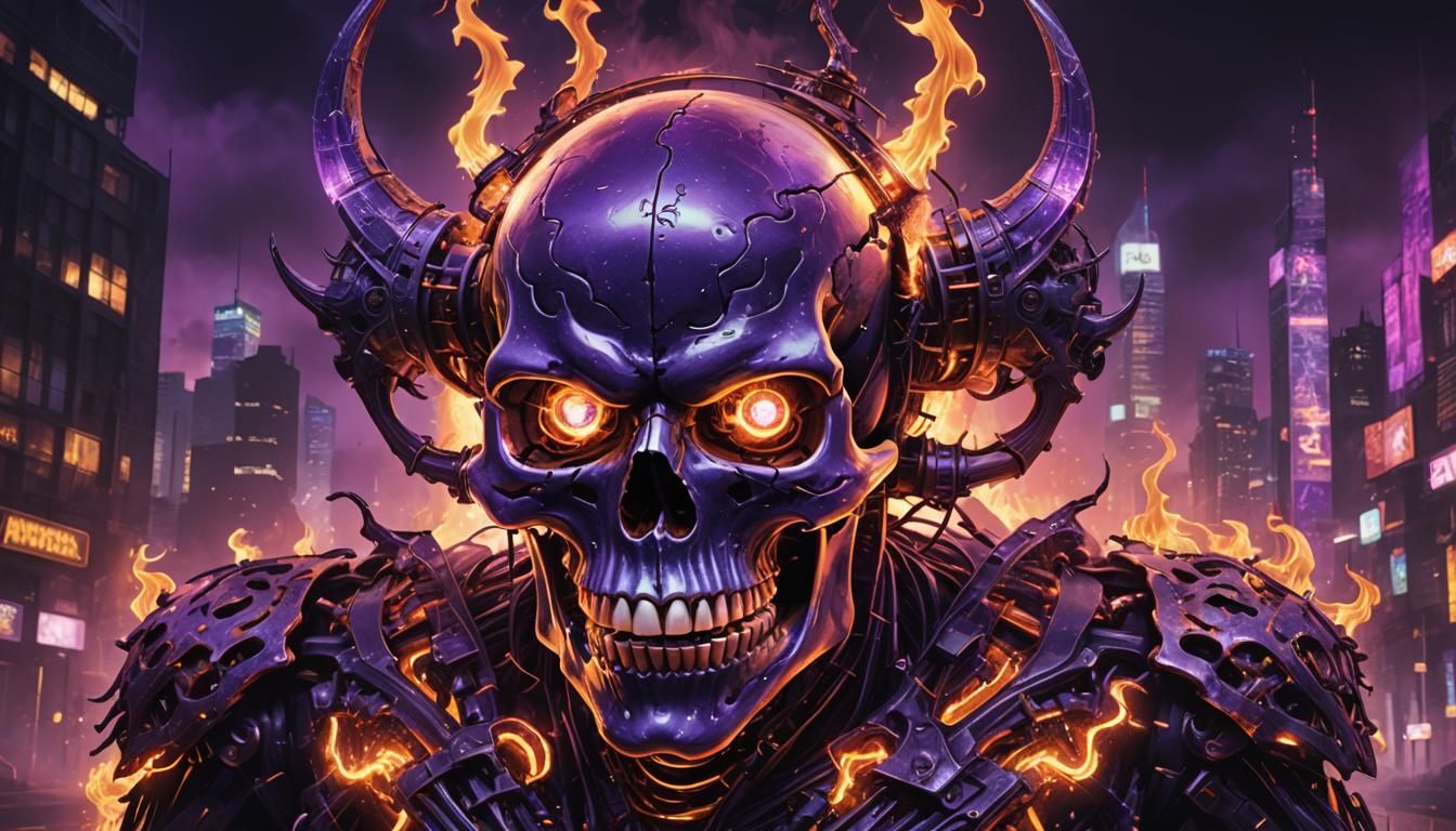 Demonic Skull with Neon Aura in Cyberpunk Style