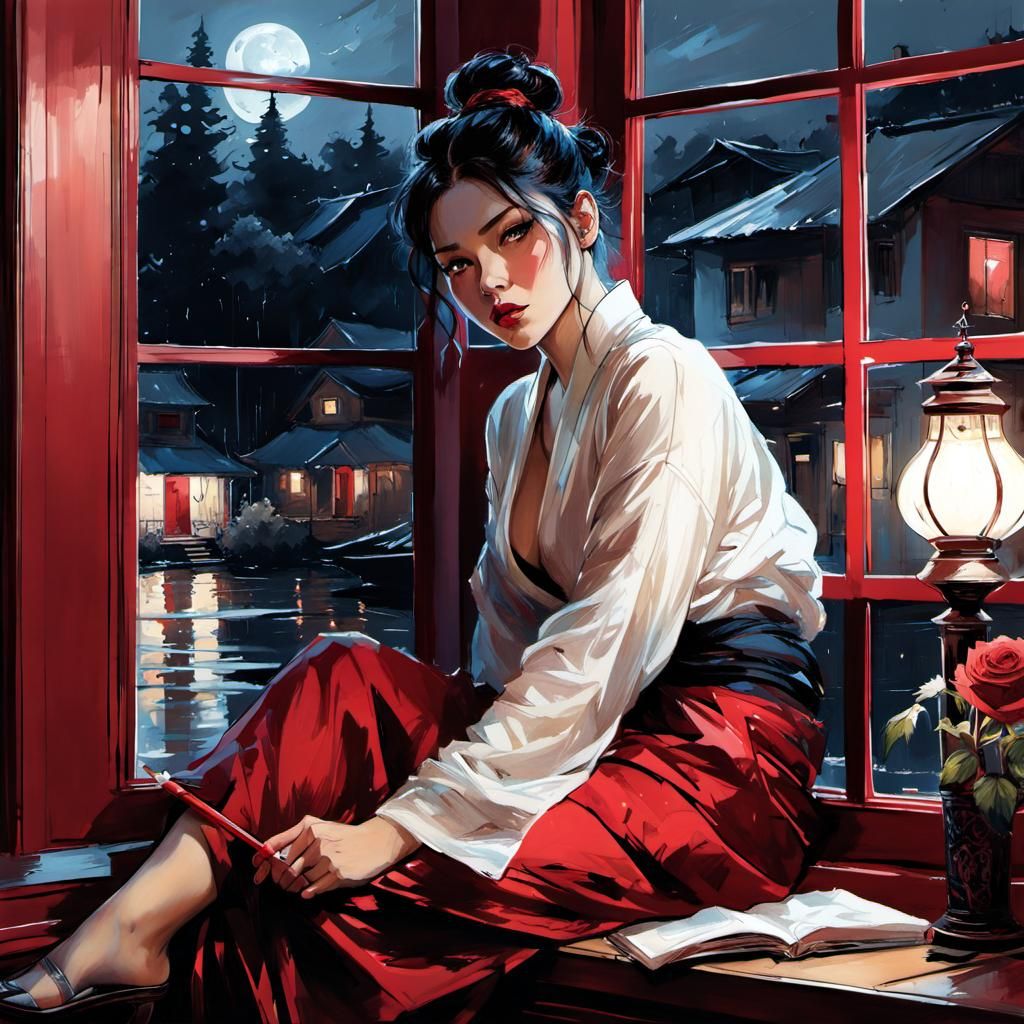 Beautiful Woman in Bay Window: Pencil Sketch Art