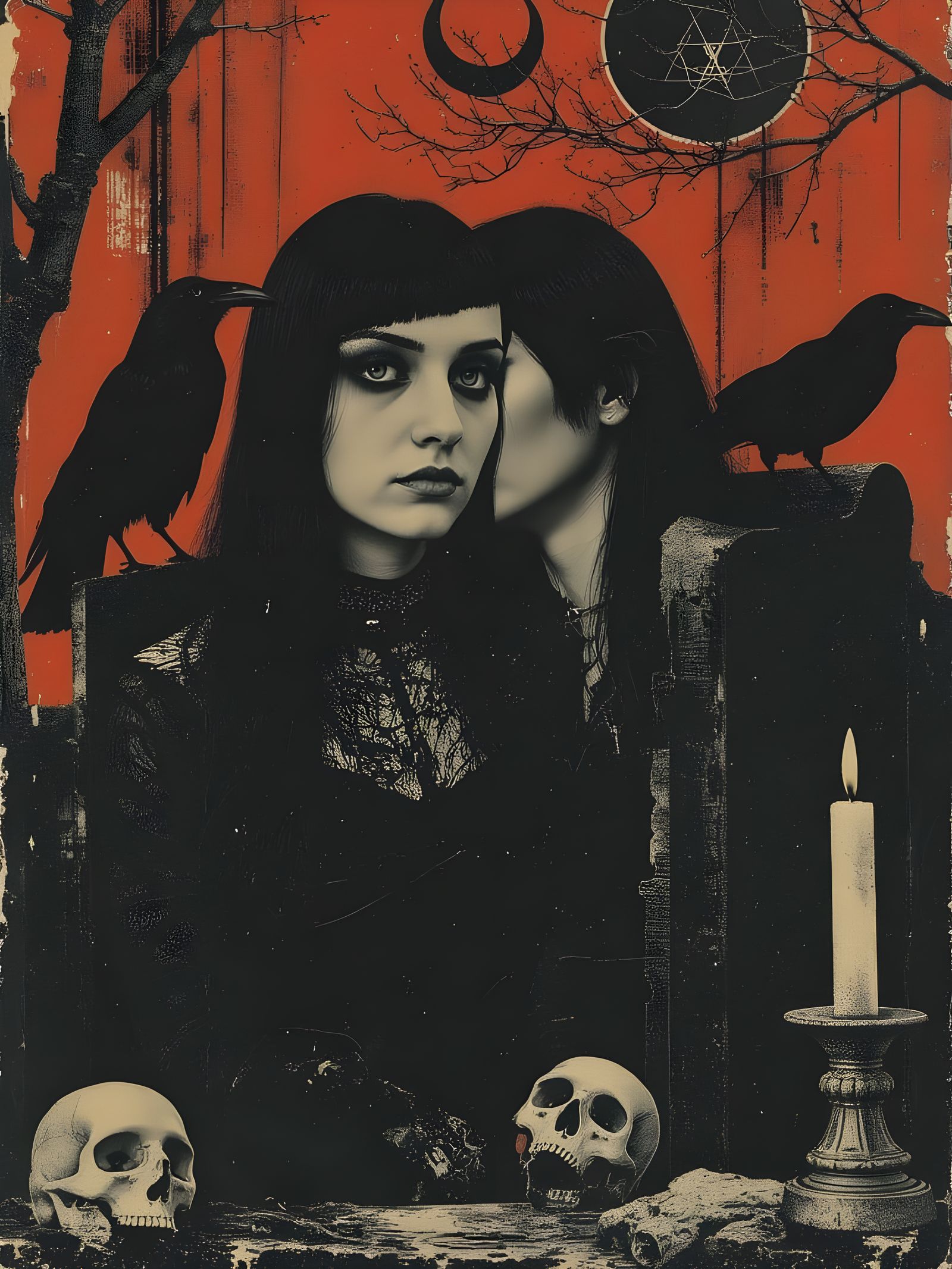 Macabre Twin Sisters Under Crescent Moonlight