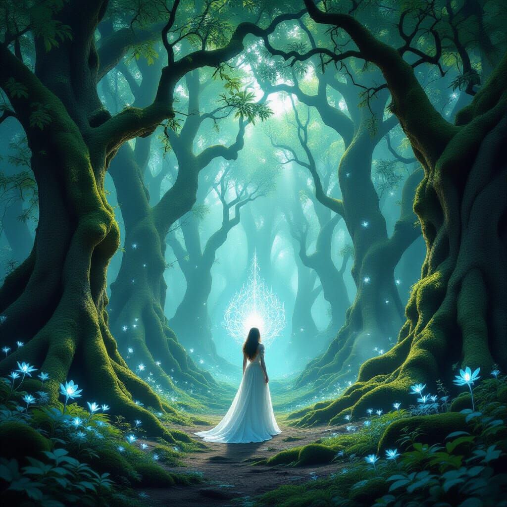 Enchanted Forest Cathedral with Ethereal Woman