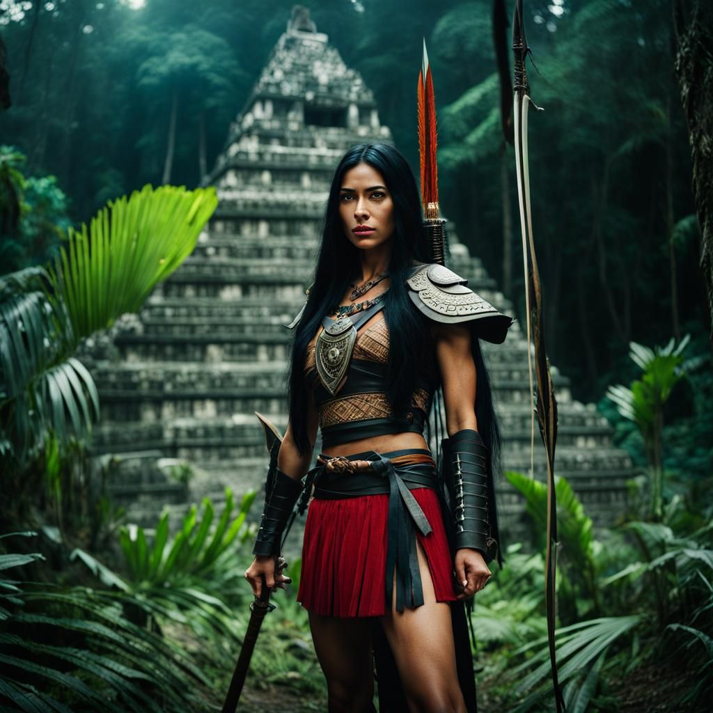 Mayan Warrior at Jungle Pyramid: Cinematic Film Still