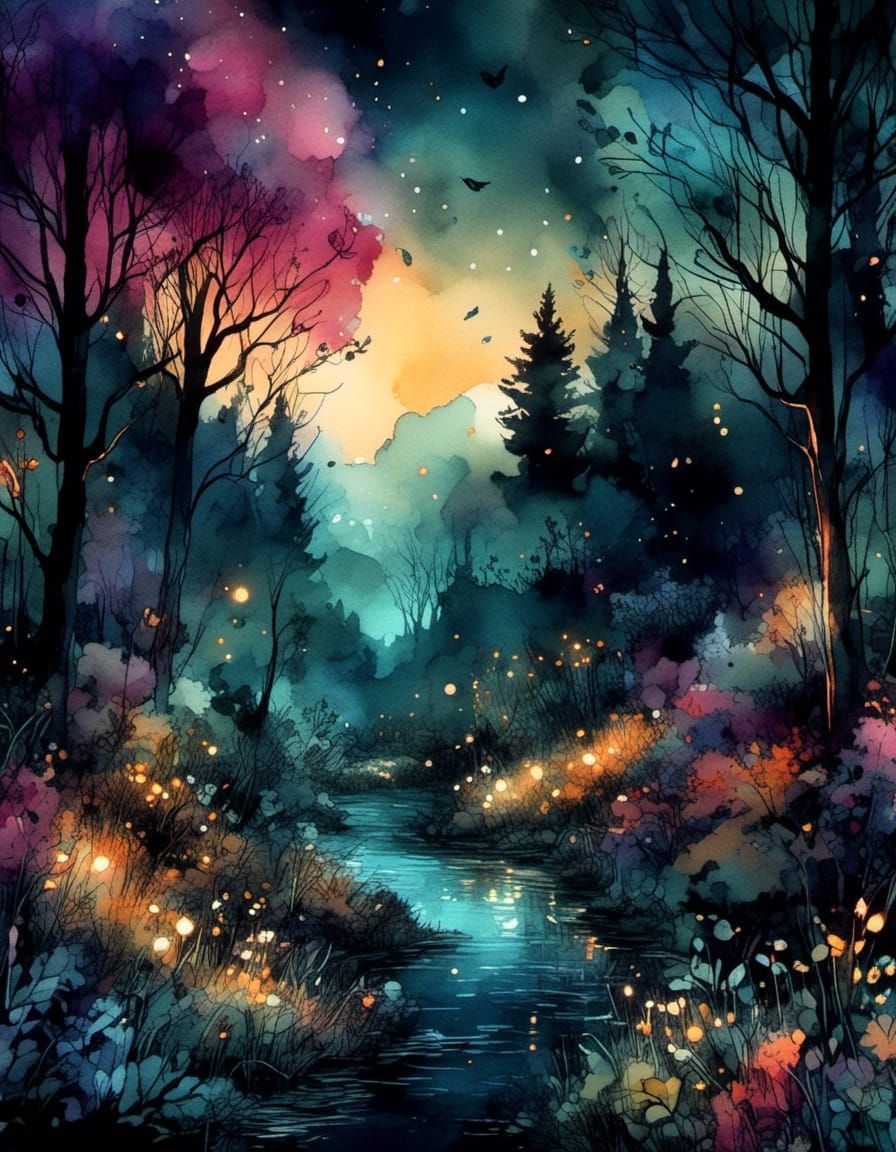 Glowing Forest at Night in Cel-Shaded Anime Style