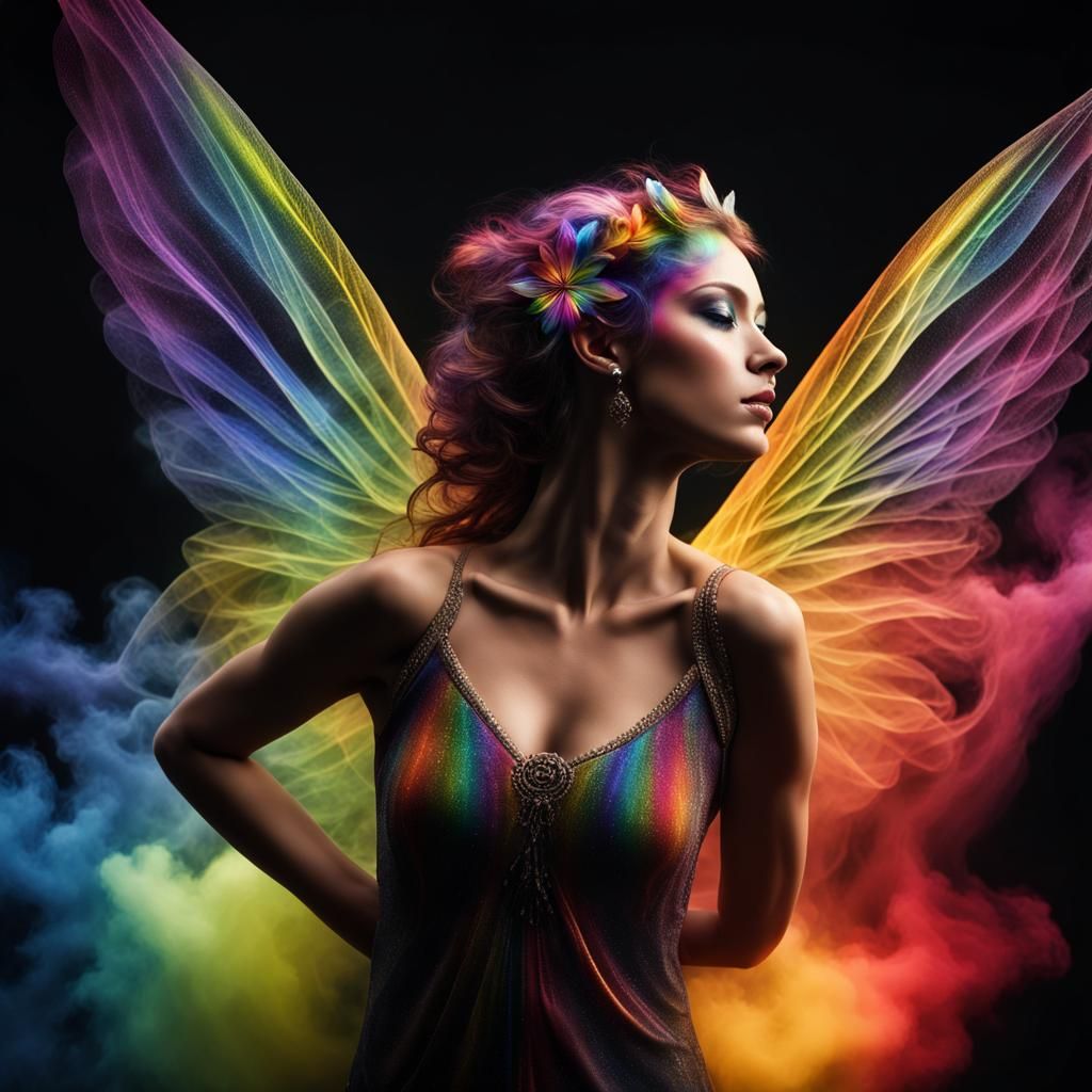 Rainbow Fairy Portrait in Dark Galaxy Smoke