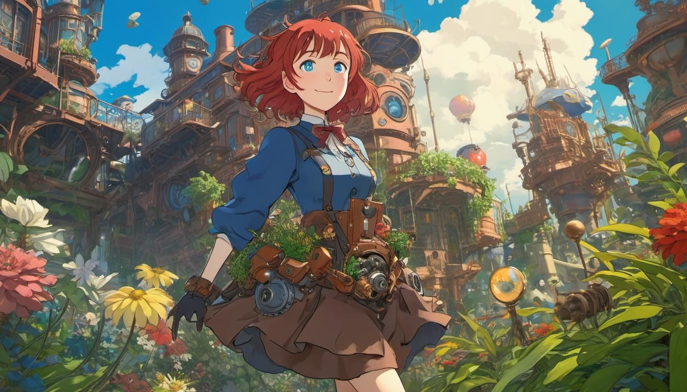 Anime Girl in Lively Steampunk World as Watercolor