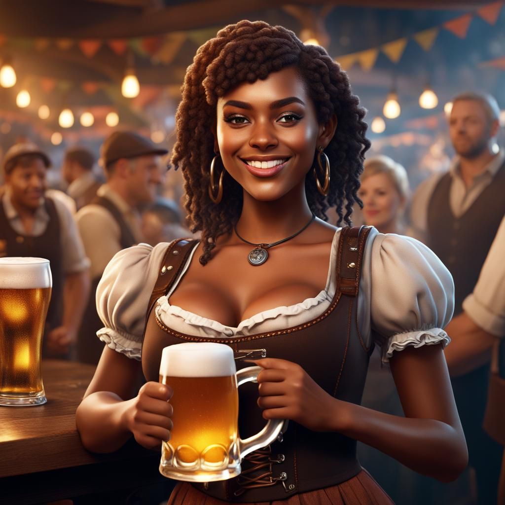 Oktoberfest Barmaid in Crowded Pub, Detailed Digital Art