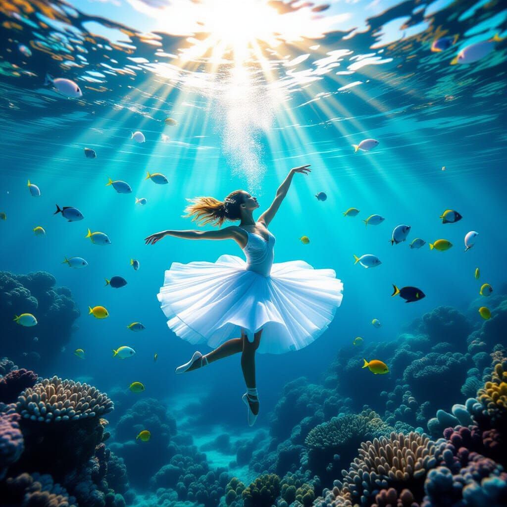 Ballerina Dancing Underwater with Tropical Fish