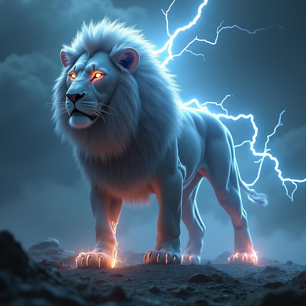 Majestic Lion with Lightning Mane in Storm