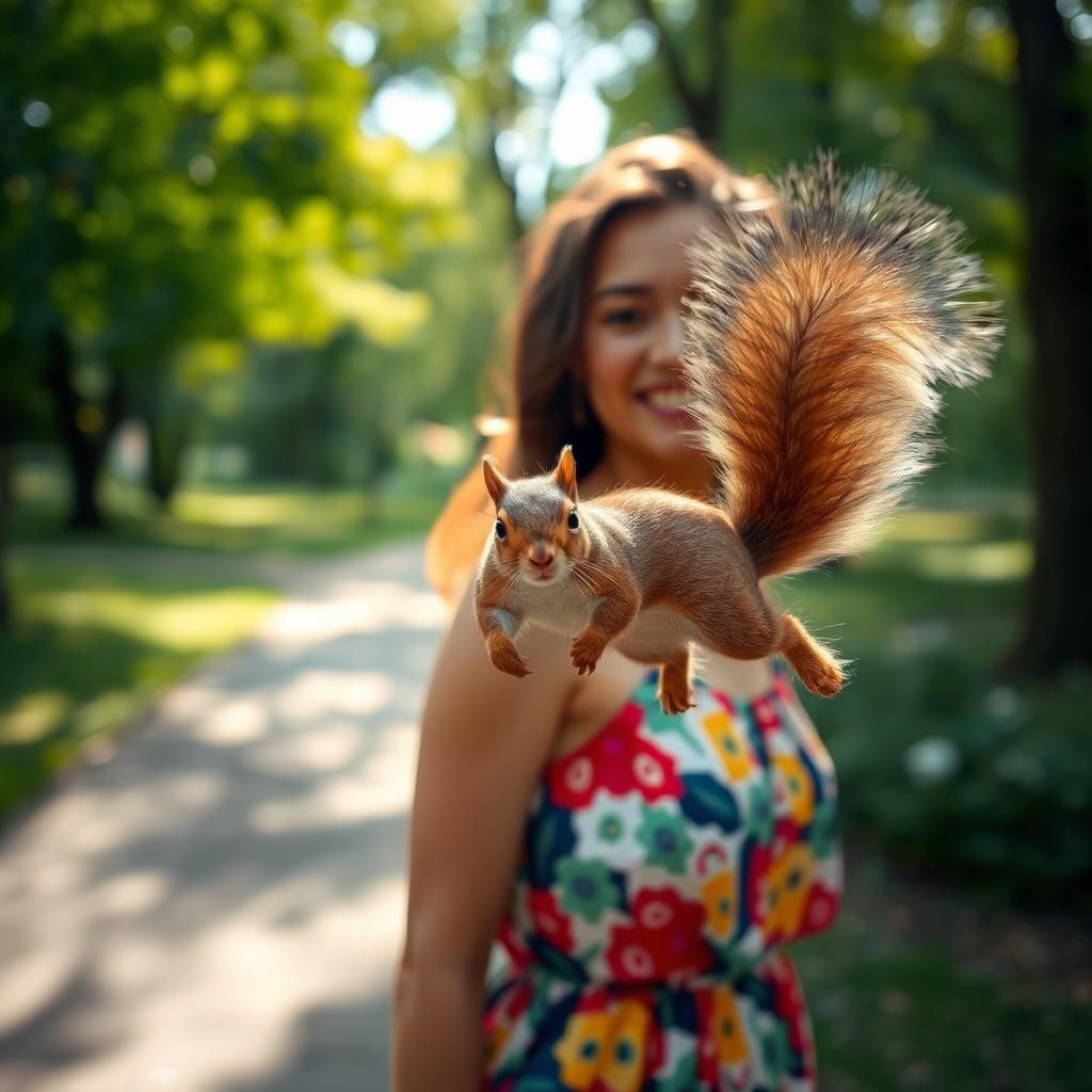 Woman's Candid Moment Interrupted by Squirrel