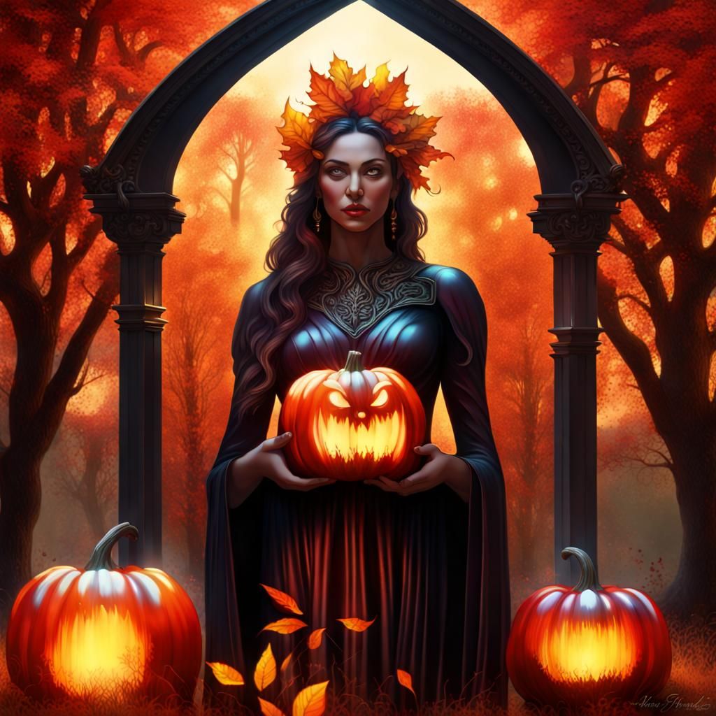 Autumn Goddess with Firey Glass Pumpkins