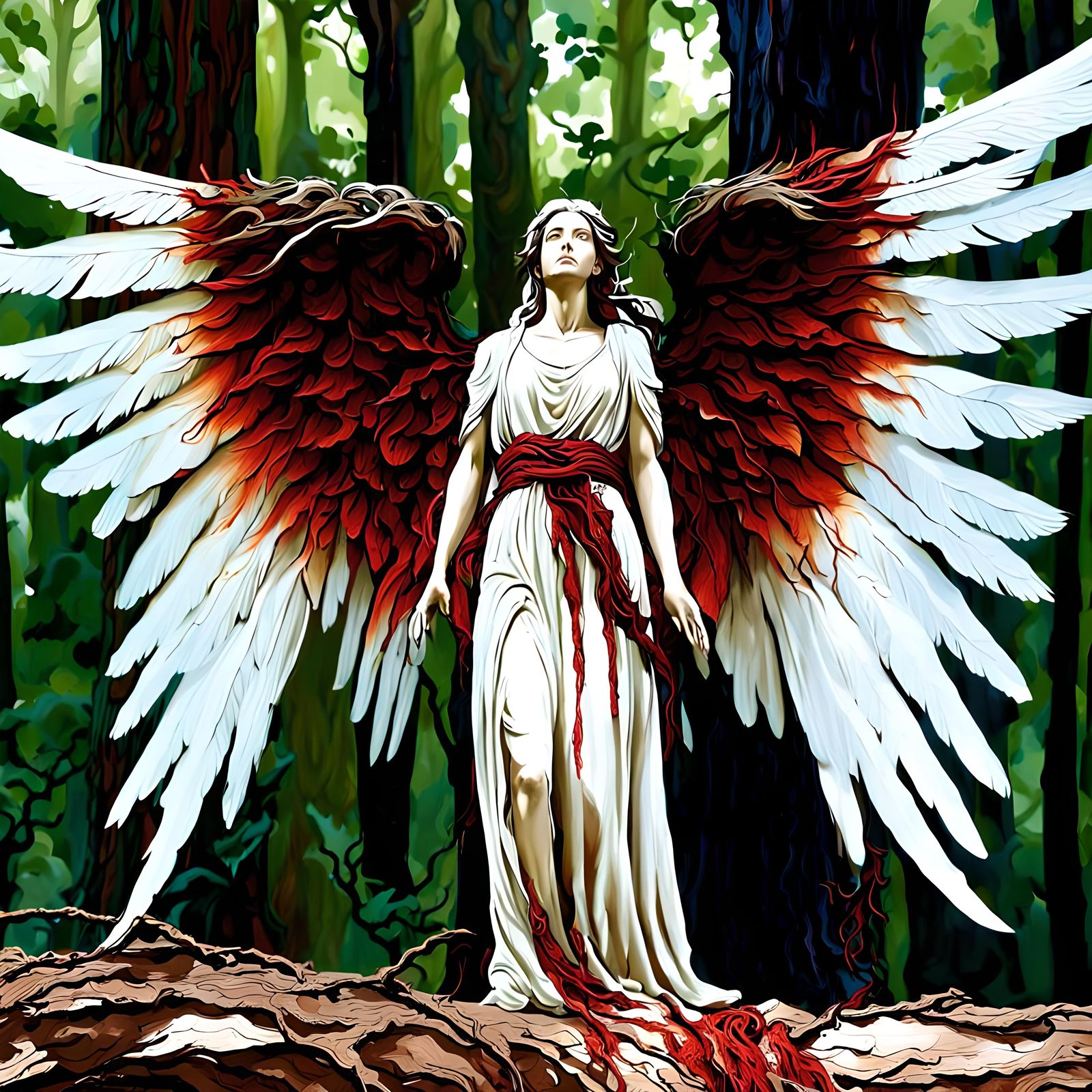A dirt and blood stained angel with broken wings painfully c...