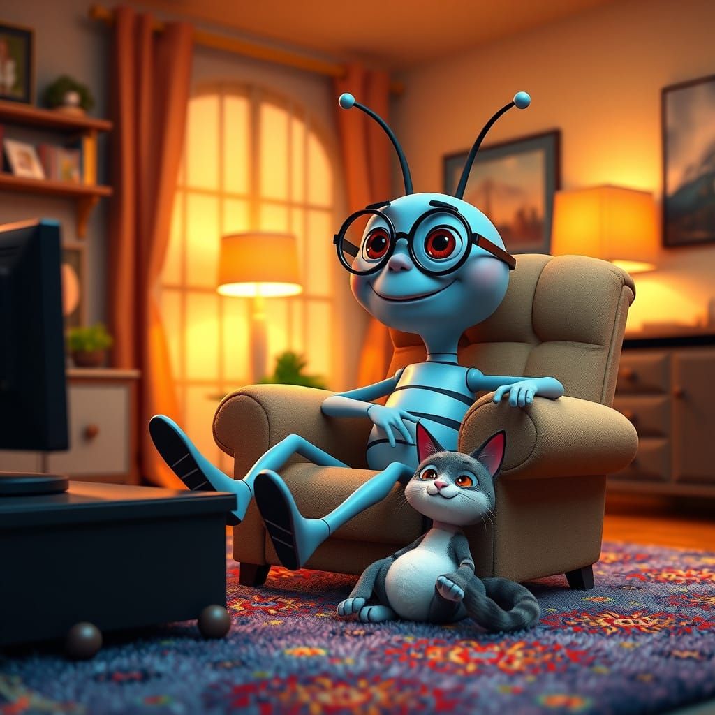 Cartoon Bug in Cozy Living Room, Pixar Style