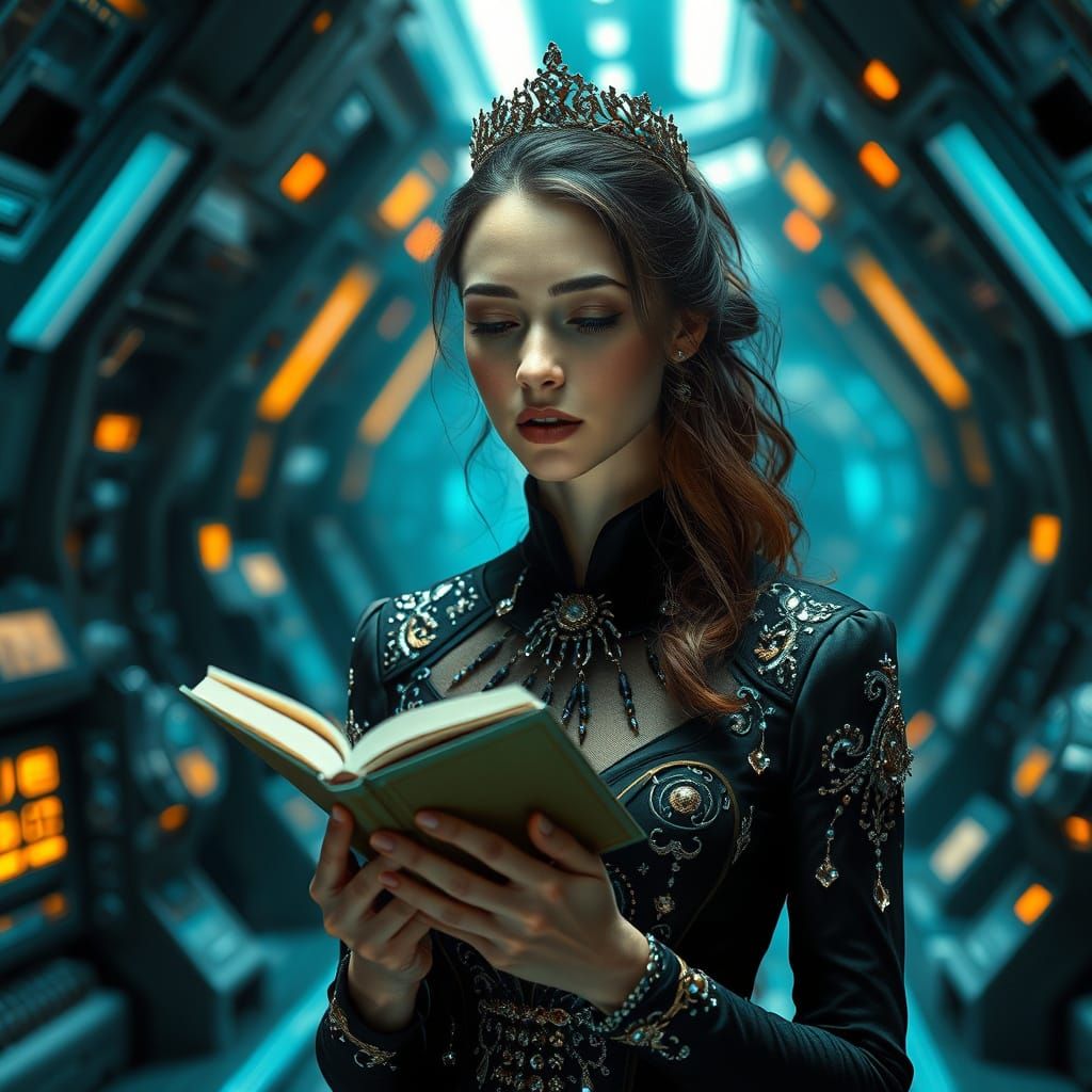 Futuristische Prinzessin liest im futuristischen Labor