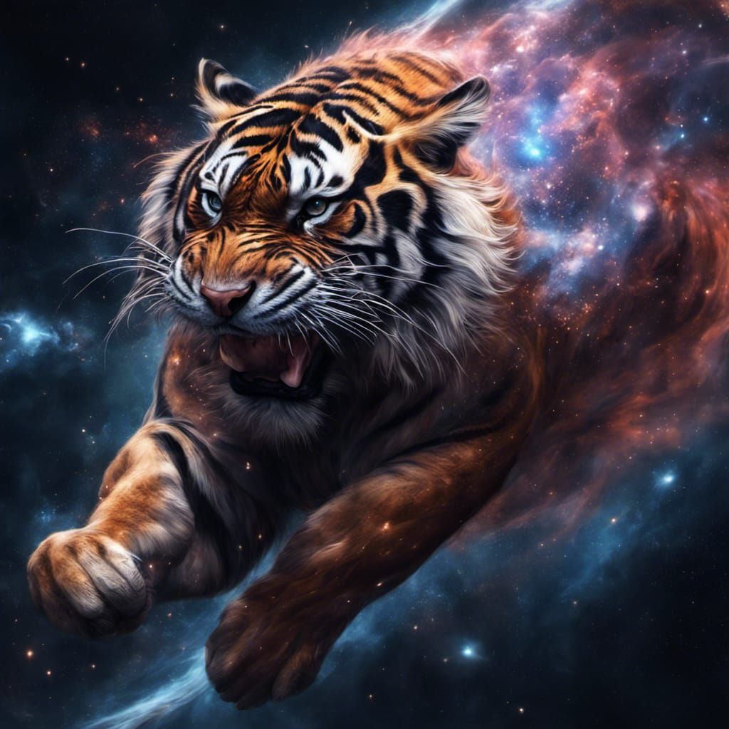 Nebula Tiger Running in Space: Digital Illustration